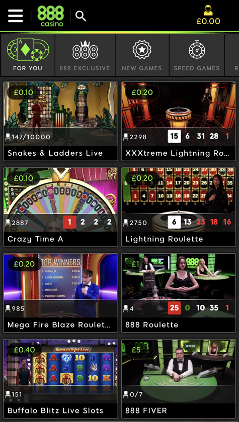 screenshot of the 888 Casino lobby