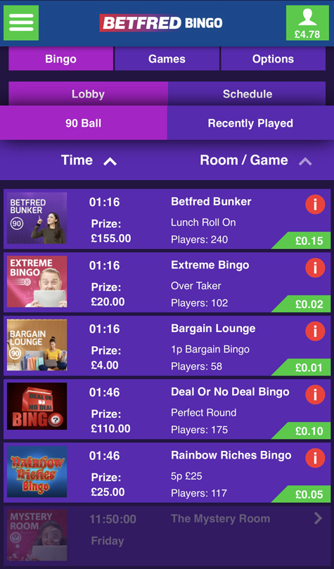 a screenshot of the Betfred Bingo loby