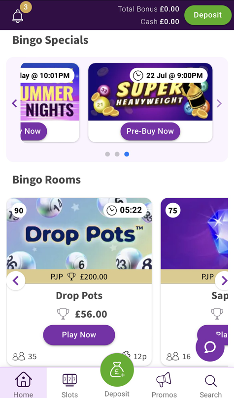 a screenshot of the Bingo Diamond bingo lobby