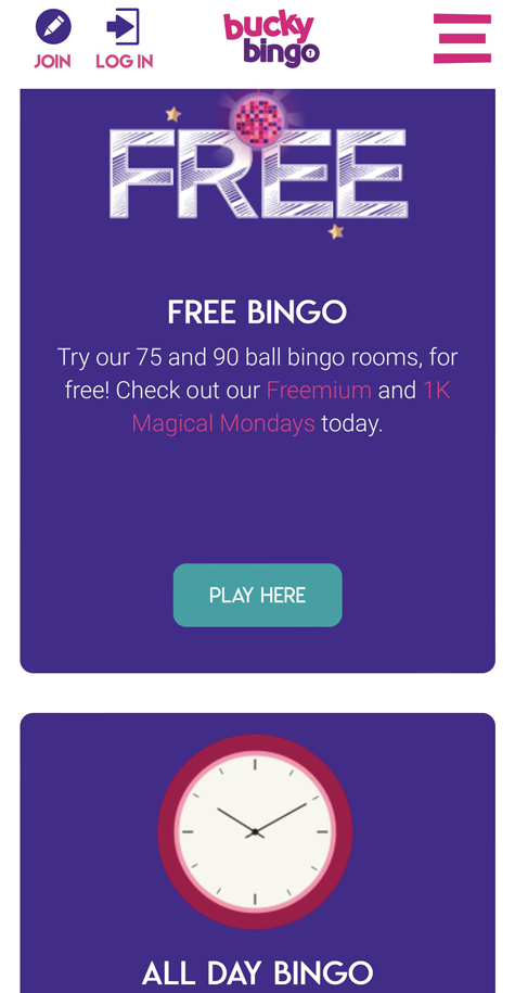 screenshot of the Bucky Bingo mobile website