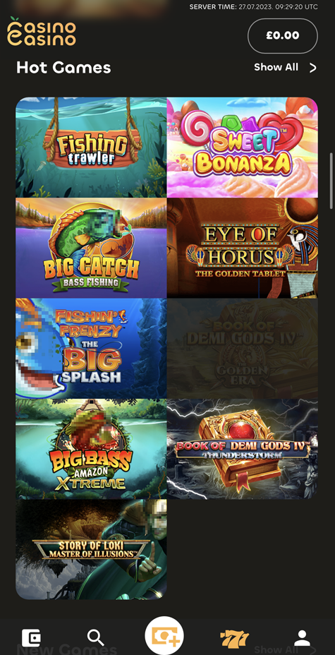 screenshot of the Casino Casino mobile lobby