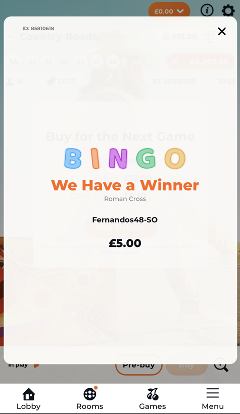 casper games bingo winner screenshot