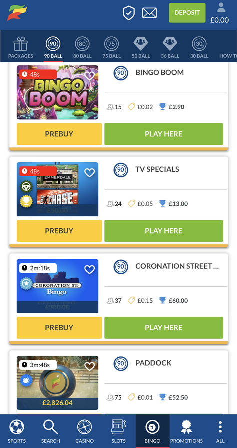 a screenshot of the bingo lobby at Coral