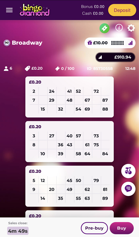 a screenshot of the Bingo Diamond tickets