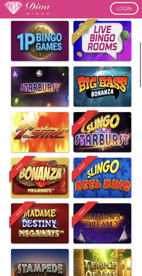 The mobile homepage at Diva Bingo