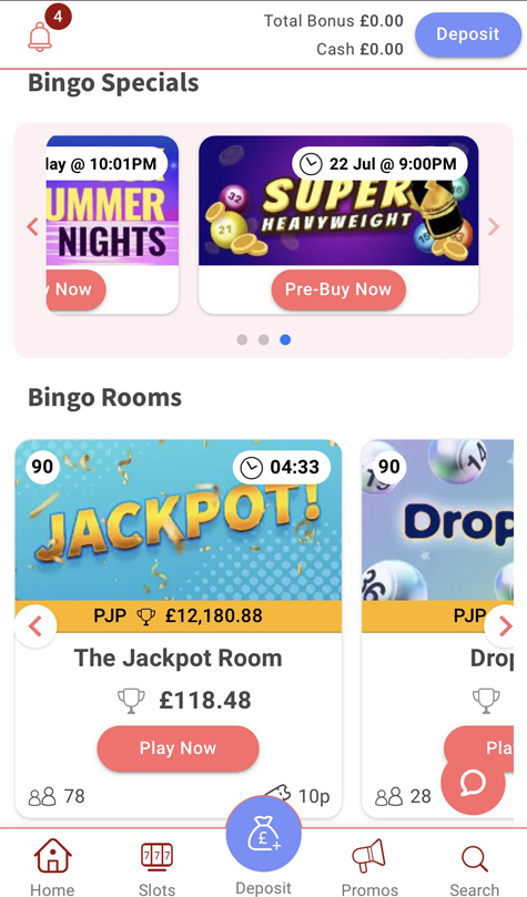 a screenshot of the Dotty Bingo lobby taken from a mobile phone