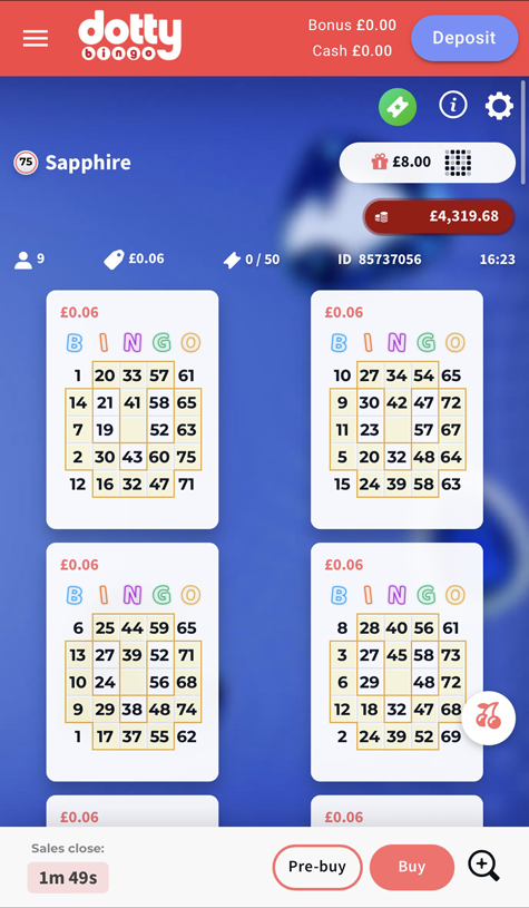 a 75-ball bingo game screenshot at Dotty