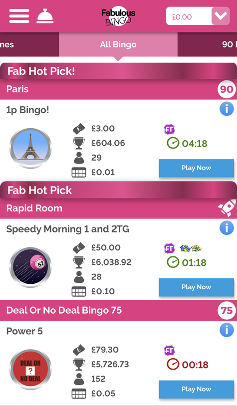 an image of the Fabulous Bingo mobile lobby