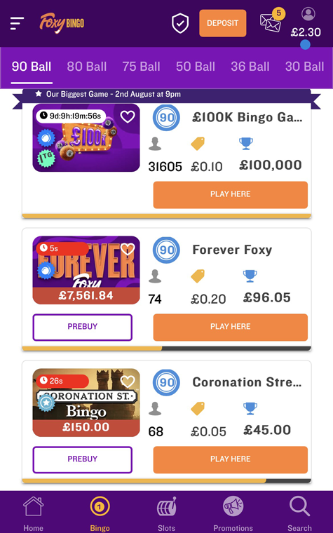 a screenshot of the Foxy Bingo lobby
