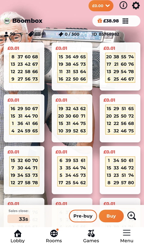 a picture of the 80-ball bingo tickets in the Boombox Room