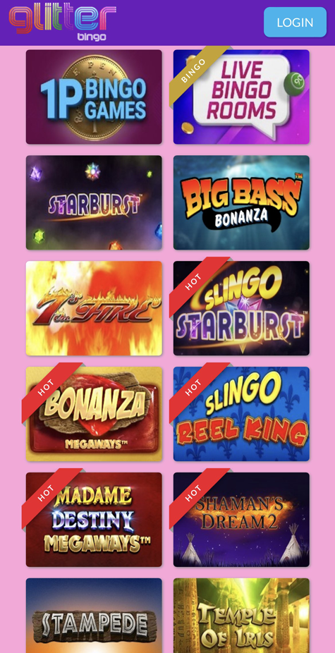 a screenshot of the homepage on the Glitter Bingo mobile site