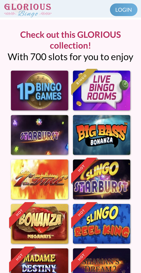 a screenshot of the Glorious Bingo mobile homepage