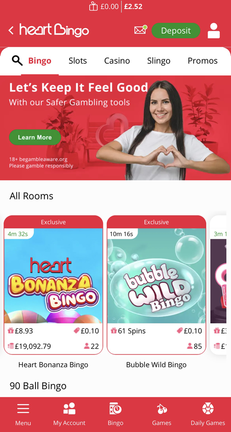 a screenshot of the Heart Bingo website taken on a smartphone