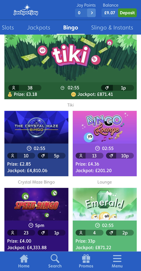 a screenshot of the Jackpotjoy bingo lobby