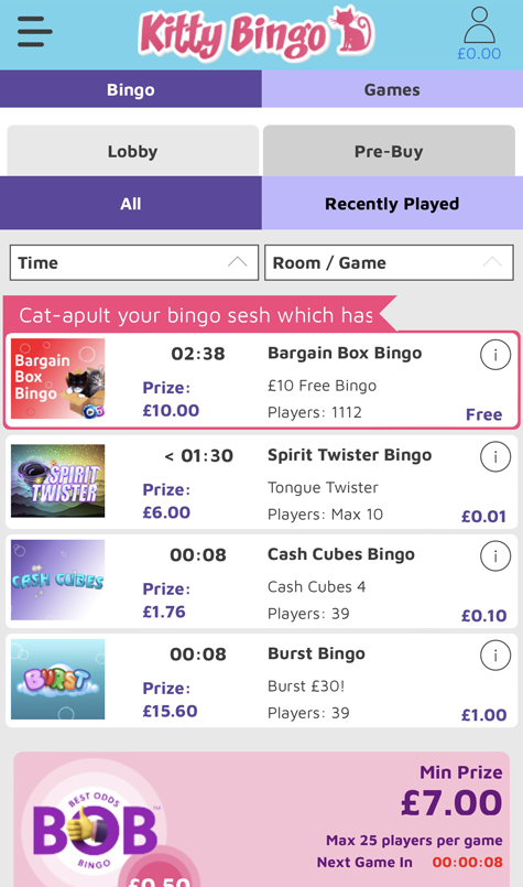 an image showing the Kitty Bingo mobile lobby