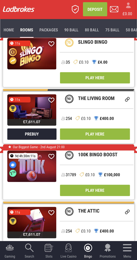 an image of the mobile bingo lobby at Ladbrokes 