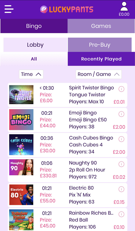 a screenshot of the Lucky Pants mobile lobby