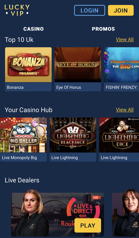 picture of the Lucky VIP mobile website
