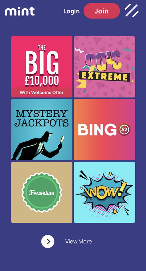 a screenshot of the Mint Bingo mobile homepage