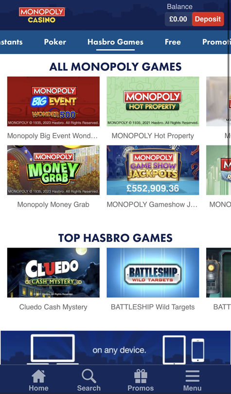 screenshot of the monopoly casino games