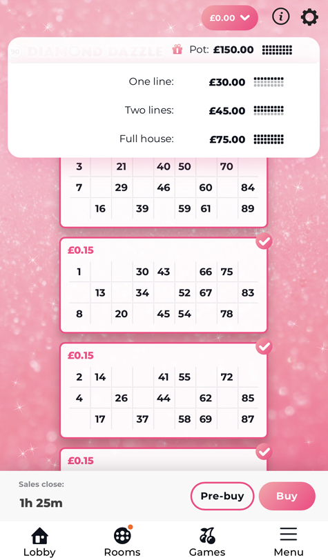 a screenshot of the bingo tickets at Rainbow Spins