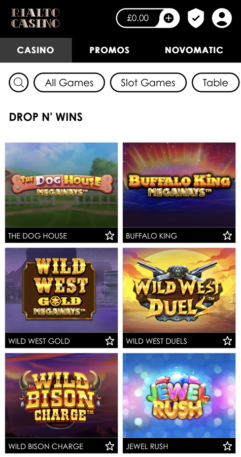 screenshot of the games lobby at Rialto