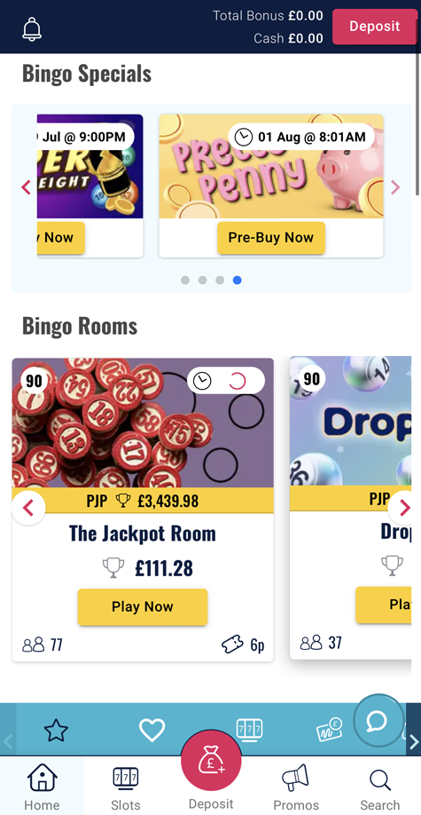 a screenshot of the bingo lobby at Rosy