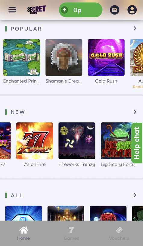 a screenshot of the Secret Slots mobile homepage