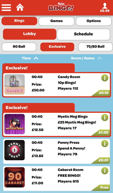a screenshot of the lobby at Sun Bingo