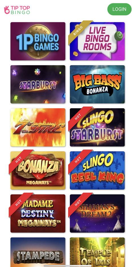 screenshot of the bingo lobby at Tip Top