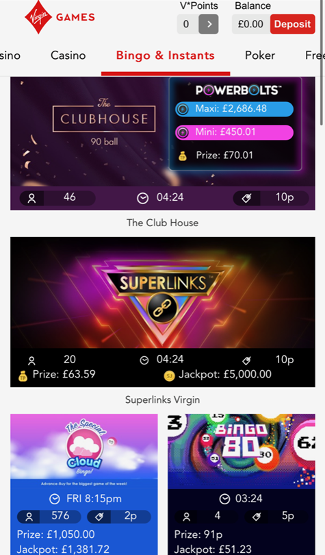 a screenshot of the Virgin Games bingo lobby
