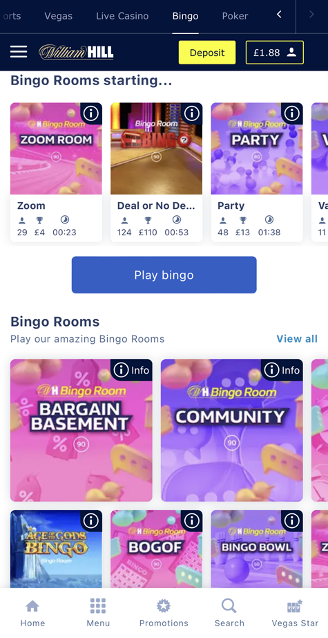 screenshot of the bingo lobby at William Hill