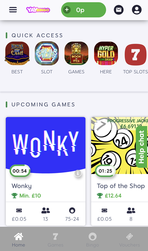 Games lobby screenshot at Yay Bingo