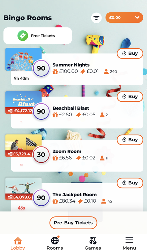 Screenshot of the bingo games available at Zeus