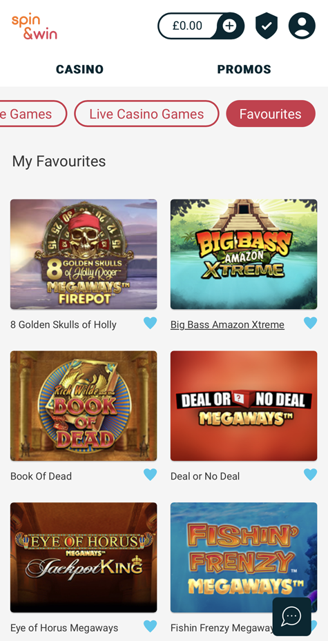a screenshot of the favourites list at Spin & Win