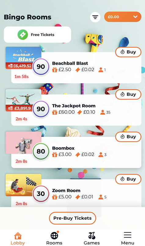 screenshot of the Takeaway Slots bingo rooms