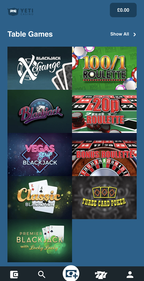 Yeti Casino mobile lobby screenshot