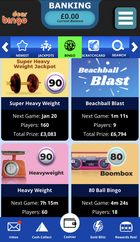 a screenshot of the mobile bingo lobby
