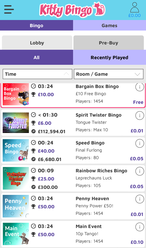 an image showing the Kitty Bingo mobile lobby