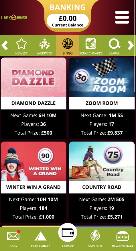 a screenshot of the bingo lobby on mobile