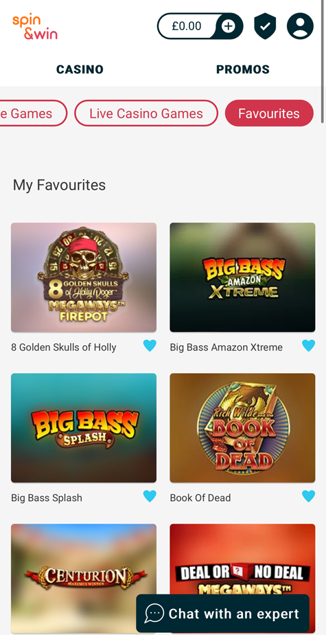 a screenshot of the favourites list at Spin & Win