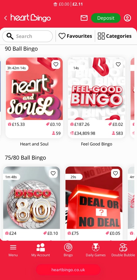 a screenshot of the Heart Bingo website taken on a smartphone