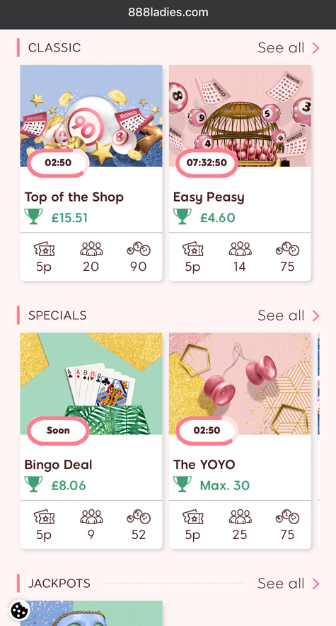 Mobile bingo lobby on 888 Ladies