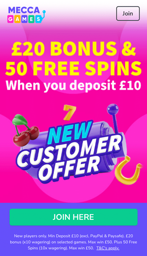 Mecca Games new customer offer page on mobile