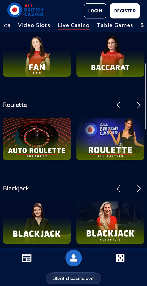 a screenshot of the mobile homepage at All British Casino
