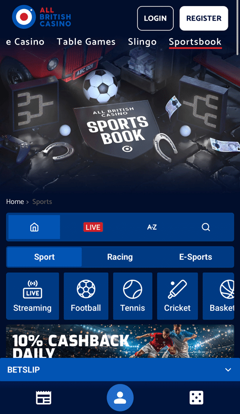 All British Casino sportsbook page on mobile, with Sport, Racing and E-Sports tabs and shortcuts for football, tennis and cricket