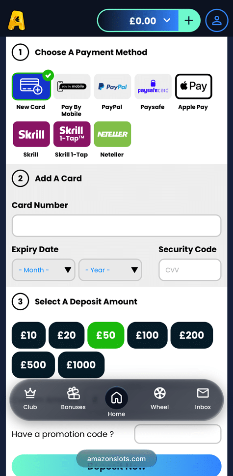 Amazon Slots cashier on mobile with payment options.