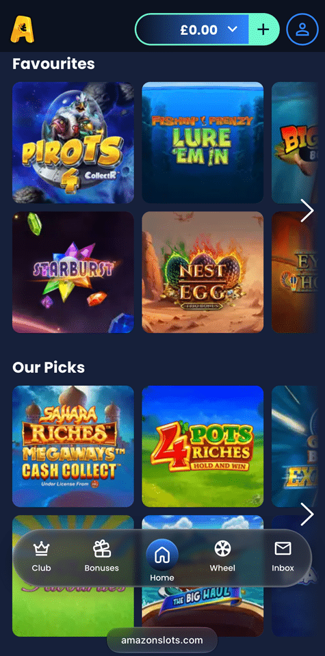 Amazon Slots lobby with a bottom menu for Club, Bonuses, Home, Wheel and Inbox