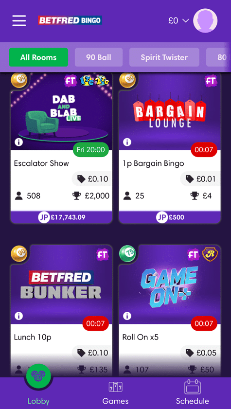 Betfred Bingo lobby on mobile with room cards for Escalator Show, 1p Bargain Bingo, Lunch 10p and Roll On x5