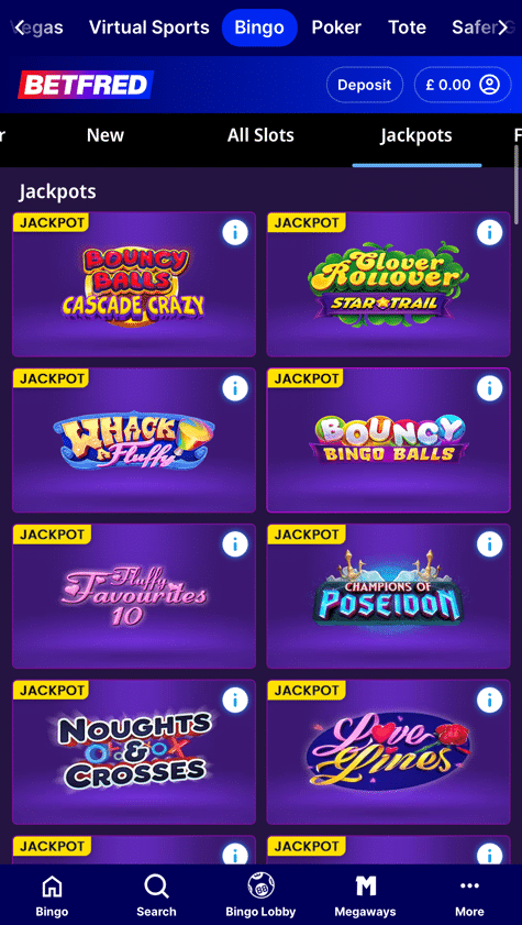 Side-game menu with New, All Slots and Jackpots tabs, below Betfred's product tabs for Virtual Sports, Poker and Tote